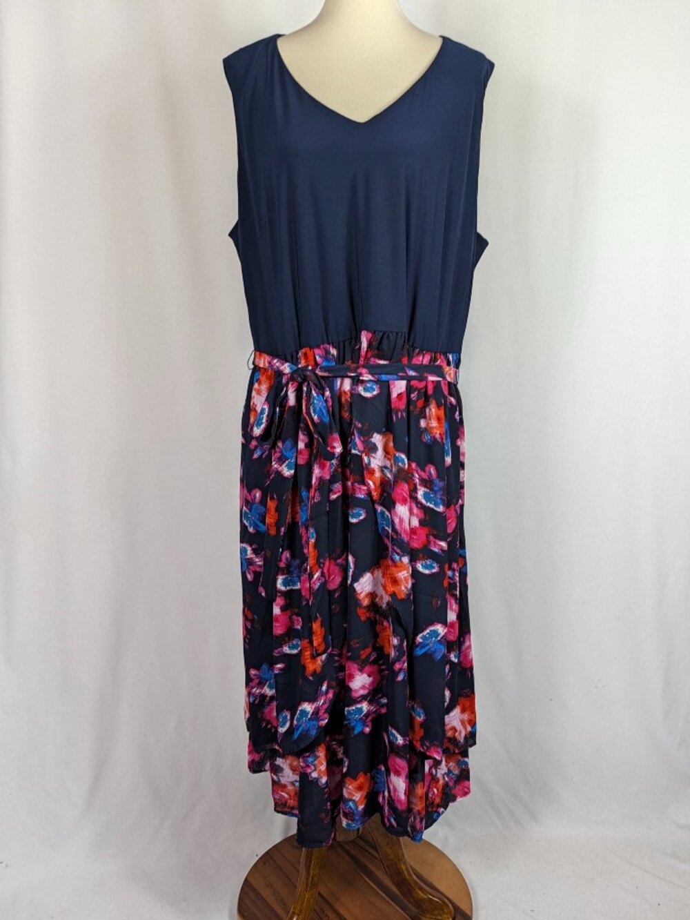 Catherines Floral Dress Solid Top Blue Pink Faux Wrap Waist Tie Plus Size 3X